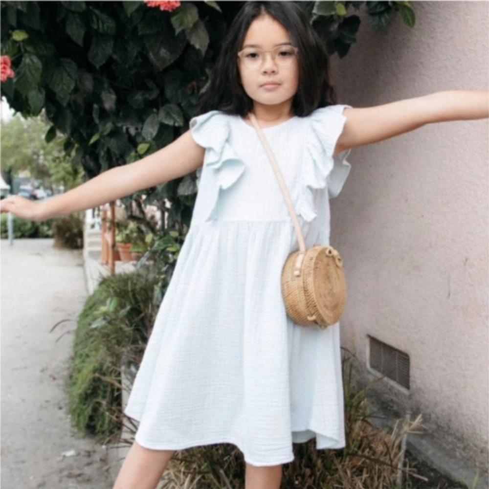 NWT Alice + Ames Nella Woven Cotton Gauze Dress Pale Blue Girls 5‎ Ruffle Twirl